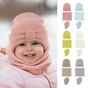 Écharpes Wraps Alpaga Laine Enfant Chapeau Écharpe Gants Ensemble Hiver Bébé Garçons Filles Chaud 3 en 1 Mignon Arc Chapeaux pour Enfants Infantile Snood Bonnets Tricotés 231129