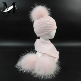 Écharpes Wraps Mode Enfants Laine Tricot Chapeau Écharpe 2 Pièces Ensemble Hiver Chaud Enfants Bébé Garçon Fille Fourrure De Raton Laveur Pom Poms Doux Chapeau Écharpes 231129