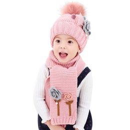 Écharpes Wraps Chapeaux Écharpes Gants Ensembles Doit Fleur Enfants Chapeau D'hiver Bonnets Velours Laine Enfants Garçons Tricot De Fourrure 2 pcs Bébé Fille Écharpe Ensemble 220921