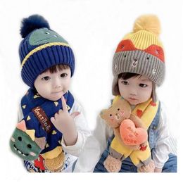Sjaals wraps hoeden sjaals handschoenen sets doe baby kinderen beanie dinosaurus konijnbeer cartoon 2 pc's jongens meisjes winter villus hoed sjaal set voor 2 tot 7 jaar