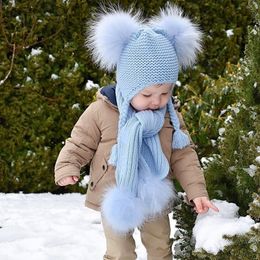 Sjaals wraps hoeden sjaals handschoenen sets kinderen winterhoed en sjaal voor kinderen meisjes jongens luxe warme haak beanie echte wasbeer bont pompom cap 220921