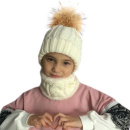Sjaals wraps hoeden sjaals handschoenen sets winter babyhoed sjaal set echte wasbeer bont pompom voor kinderen fleece in beanie girls boys cap 220921