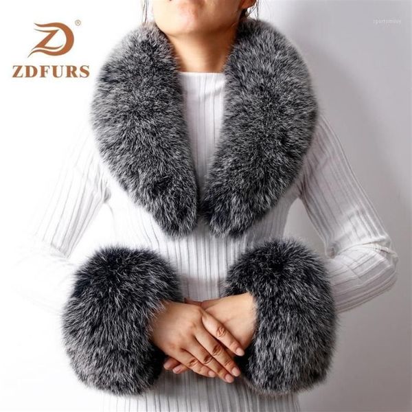 Bufandas ZDFURS 2021 Llegada Real Fur Mapache Collar Puños Mujeres Moda de invierno y puño One Set12399