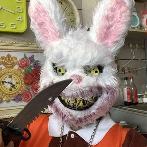 Máscara de felpa de conejito sangriento aterrador, Lobo, oso, fiesta de Halloween, accesorios de disfraz, cabeza espeluznante para niños y adultos