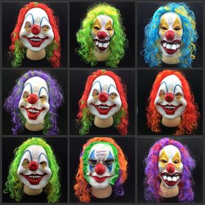 Máscara de payaso aterrador para adultos, Halloween, malvado asesino, disfraz de terror, pelo de látex alegre, máscaras faciales completas, disfraz de fiesta, accesorio de cosplay