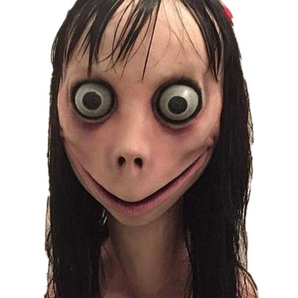 Scary Momo Mask Hacking Game Horror Latex Mask Full Head Momo Mask Big Eye Avec De Longues Perruques T200116