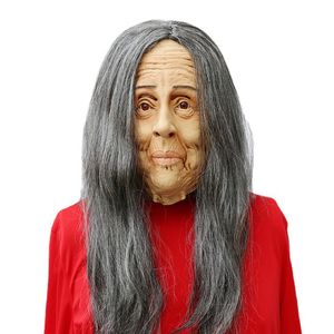 Enge oude vrouwen cosplay masker latex met haar fancy jurk grandma halloween maskers volwassene one size