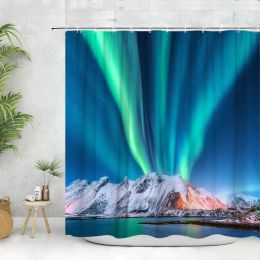 Scenic douchegordijn, Aurora Ocean Forest Waves Nature Landschap Olie Painting Lente bloemen Wildflowers Home Badkamer Decor