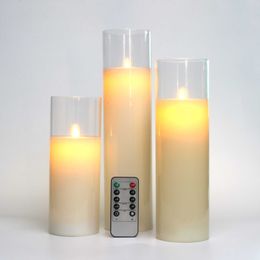 Geurende kaarsenglas Vlameloze kaarsen ingesteld 8 "10" 12 "Batterij bediende echte wax pilaren glas LED -kaarsen met afstandsbediening Cycling Timer Z0418