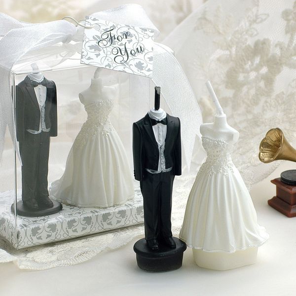 Vela de boda ambiental para decoración de mesa, recuerdo de regalo perfumado, velo de novia, forma de vestido de novio, 1 par