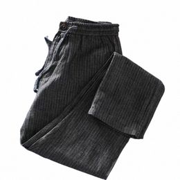 Schinte 100% pur lin rayé pantalon hommes décontracté ceinture élastiquée cordon chinois taille été mince pantalon nouveau 38EU #