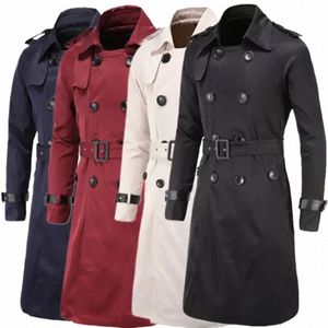 Schinte Hommes Trenchcoat Style britannique Classique Trench-Coat Veste Double Boutonnage Lg Slim Outwear Ceinture en cuir réglable Q5lJ #