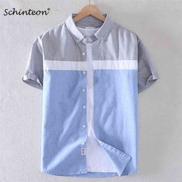 Schinteon Brand Men Summer 100% Camisa de algodón Oxford de manga corta Smart Casual Slim Patchwork Turn-down Collar 210721