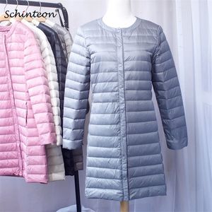 Schinteon Nouveaux Femmes Down Down Down Down Ultra Light Blanc Duck Down Manteau long manteau Slim Colous o-cou chaud Vêtement à fond intérieur chaud 201023