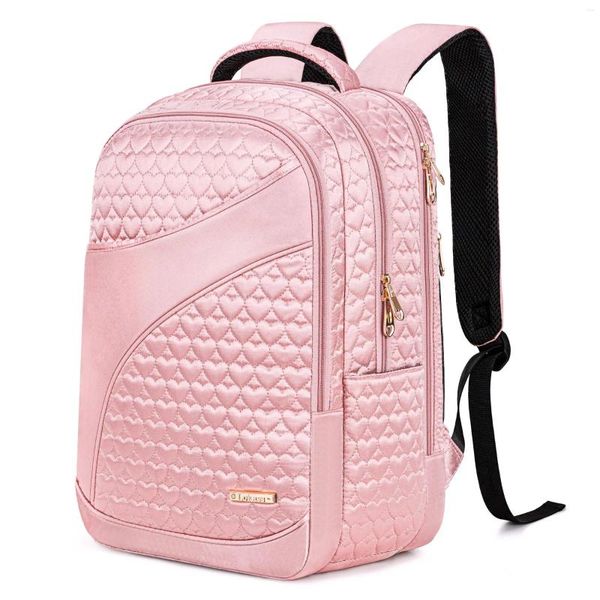 Sacs d'école Sac à dos de 15,6 pouces en forme de cœur rose avec plusieurs compartiments ordinateur de grande capacité portable pour femmes