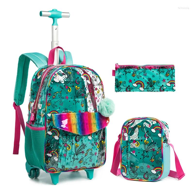 Okul çantaları 16 inç 3 adet set çocuk arabası sırt çantası çantası tekerlekler ile tekerlekli öğle yemeği