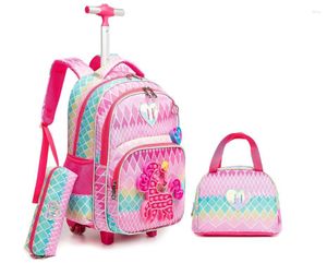 Bolsas escolares Conjunto de mochila rodante de 17 pulgadas para niñas y niños con bolsa de almuerzo Lápiz Carro con ruedas