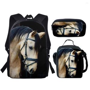 Schooltassen 2022 Zwart witte paardenprint rugzakken voor tieners jongensmeisjes 3 stks set boek tas 16inch rucksuck balso