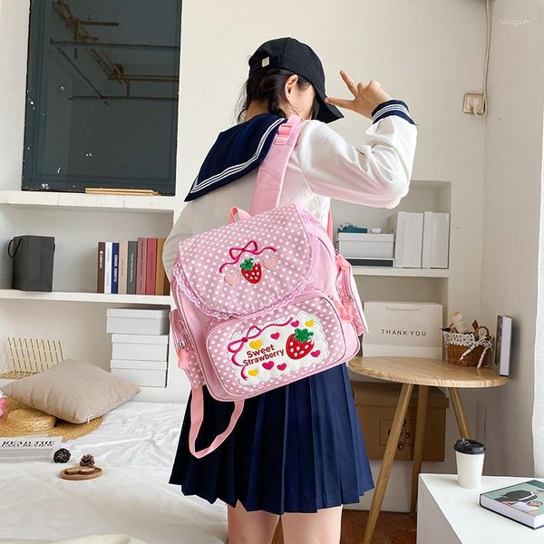 Sacs d'école 2022 dessin animé japonais enfants sac à dos rose fille broderie fraise enfants cartable étudiant filles cadeau d'anniversaire