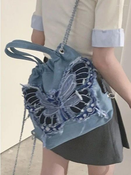 Bolsas escolares 2024 llegan moda Casual Vintage mariposa Patchwork Linda mochila dulce Y2K cadenas de mezclilla Bolsas de diseñador Mujer