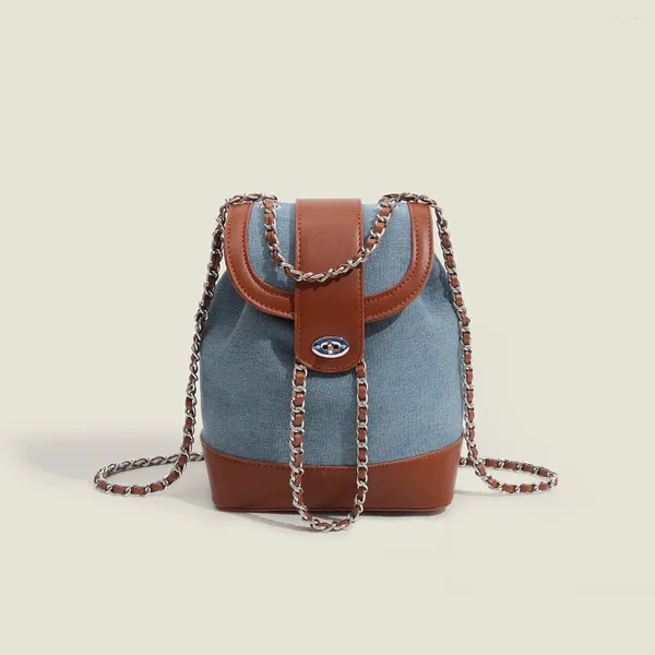 Sacs d'école 2024 mignon style coréen denim cuir cordon de serrage sac à dos petit mini sac avec bracelet en métal simple minimaliste tendance française