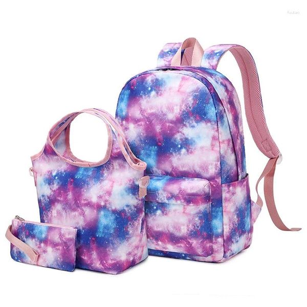 Mochilas escolares 3 en 1 para niños, mochila para niñas, bolsa de cielo con mariposas para adolescentes, viaje de lona de mayor capacidad con caja de almuerzo, estuche pencial