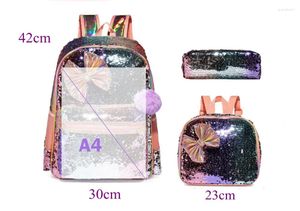 Sacs d'école 3 pcs paillettes 16 pouces sac à dos pour filles préscolaire fille ensemble sac avec stylo à déjeuner léger