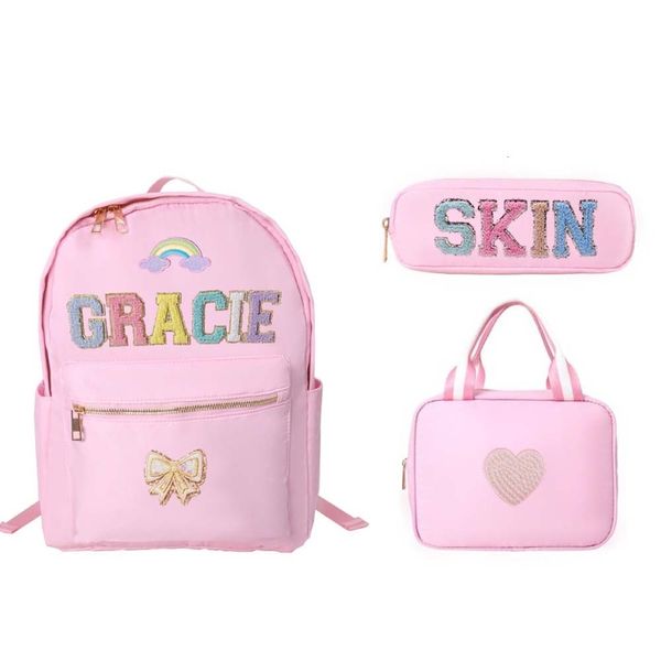 Bolsas escolares 3 piezas Mochilas de nailon Moda para niños Parches de letras lindas Estuche para lápices Conjuntos de bolsas de almuerzo Mochila simple para niños para niñas adolescentes 230912