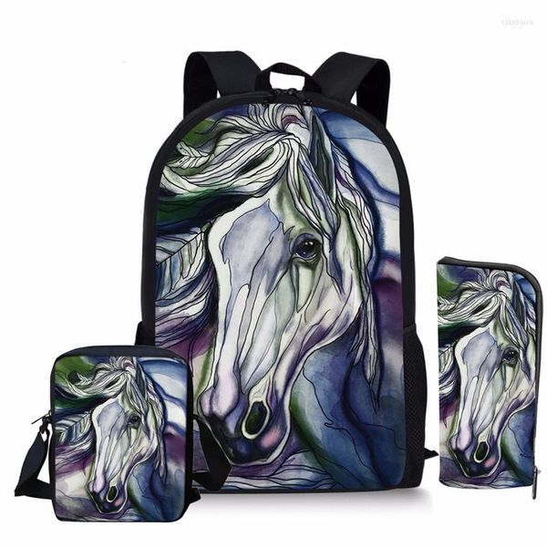 Sacs d'école 3D Crazy Horse Imprimer Sac À Dos Ensemble Pour Adolescents Filles Cool Enfants Sac À Dos Primaire Étudiant Animal Livre Sac