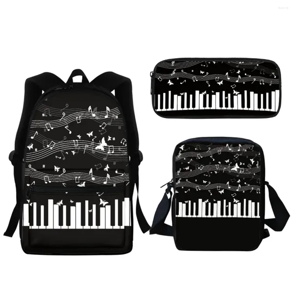 Sacs d'école 3PC Sac d'étudiant de luxe Piano Key Imprimer Grande capacité Sac à dos Musique Thème Ordinateur portable Sac à crayons Outil d'apprentissage