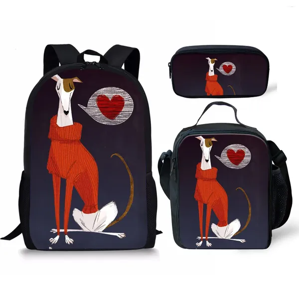 Bolsas escolares 3 unids Greyhound Dog Print Bolsa de estudiante Lápiz Almuerzo Niños Niñas Mochila de viaje portátil Adolescente Casual