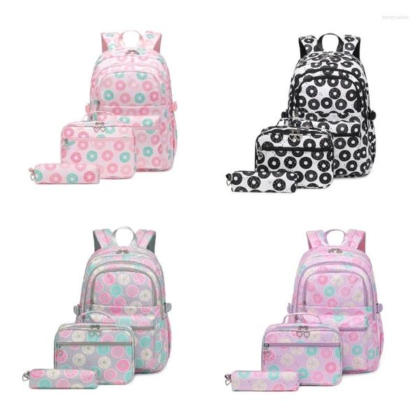 Sacs d'école 3pcs Ensemble de sac à dos en nylon léger Teen Girls PrintsBookbags Sac à déjeuner isolé Trousse à crayons Student Bookbag