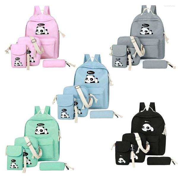 Mochilas escolares Conjunto de 4 piezas Mochila para mujer de valor lindo Mochila con estampado de panda de lona Bolso portátil simple con correa de hombro ajustable