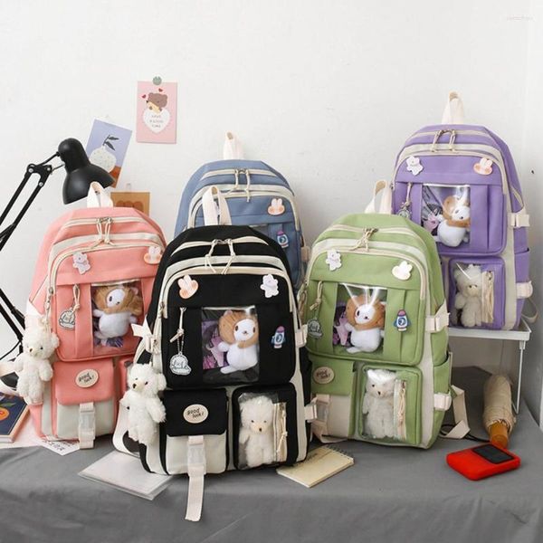 Mochilas escolares, 5 unidades/juego, mochila útil para estudiantes, estilo coreano, gran capacidad, bolso de mensajero con múltiples bolsillos antiarañazos para mujer