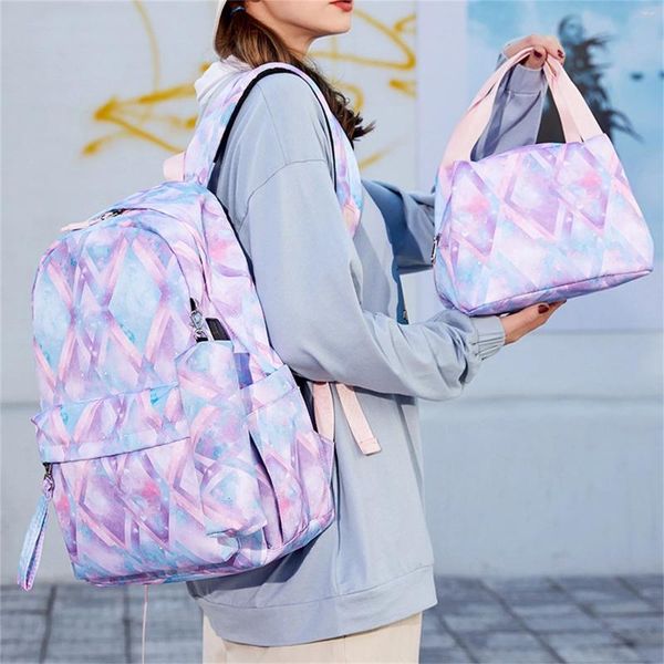 Bolsas escolares mochila para mujeres Star Star Sky atado Bolsa de comidas teñido Pen de tres piezas