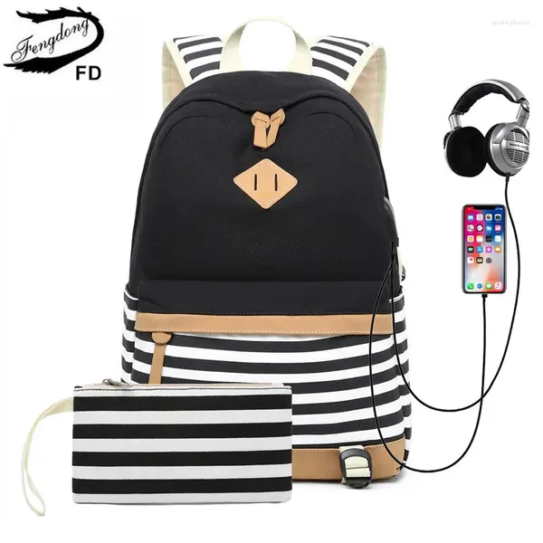 Bolsas escolares rayas en blanco y negro para adolescentes Giirls Bolsa de libros de papelería Almacenista de papeles impermeables mochila Niños