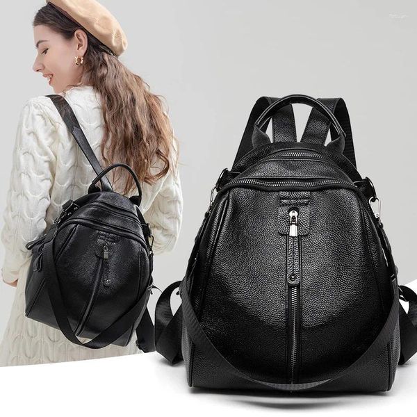 Sacs d'école Sac à dos noir pour femmes Véritable cuir de vachette Bagback Girl Commuter Petit sac de voyage mignon 2024 Design de mode Luxe