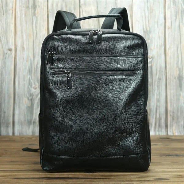 Sacs d'école noir doux peau de vache sac à dos pour hommes en cuir véritable étanche ordinateur portable sac de voyage ordinateur pour hommes mâle PC