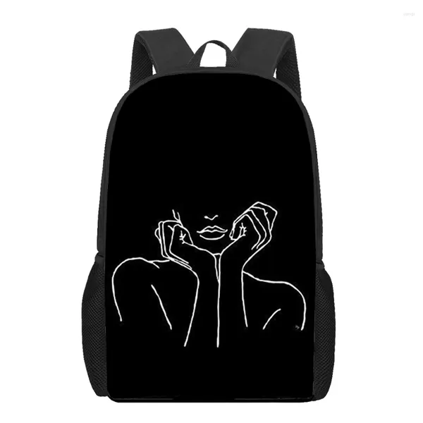 Bolsas escolares Líneas de arte blanco blanco impreso Estudiantes creativos Bolso Adolescentes para niños Niños Niños Biños Casco Shoulder Rucksack Viaje Mochila