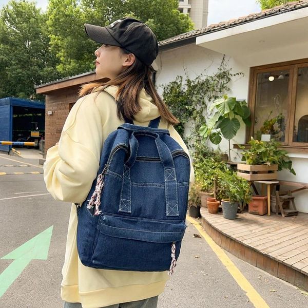 Sacs d'école Sac à dos en denim bleu pour femme Sac à dos pour étudiant Sac à bandoulière en toile Sac à dos vintage Sac à dos de voyage Jeans Mochila Y2K Bookbag