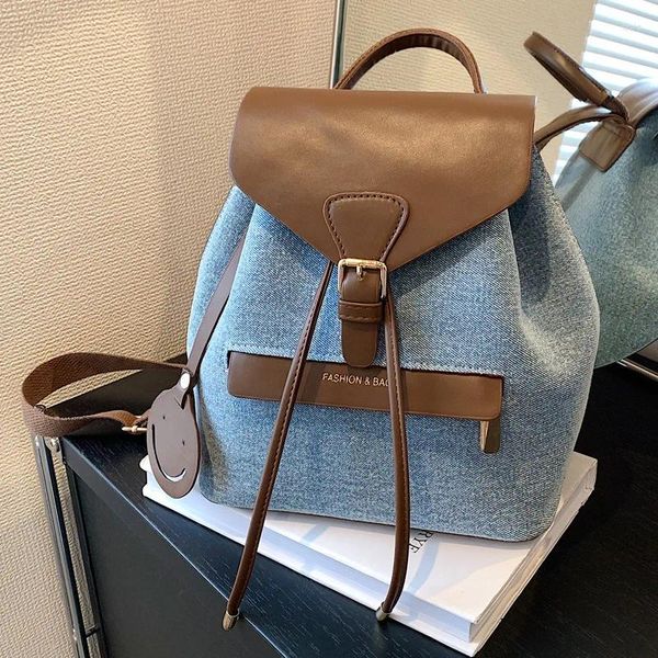 Sacs d'école marque concepteur en cuir PU et Denim Patchwork sac à dos femme décontracté sac à cordon grande capacité voyage