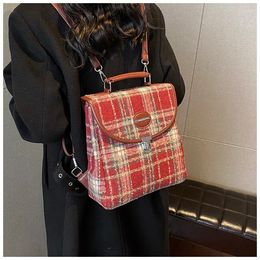 Школьные сумки, брендовый дизайнерский шерстяной клетчатый женский рюкзак, сумка-ведро с замком в стиле ретро, подарок на год, красный