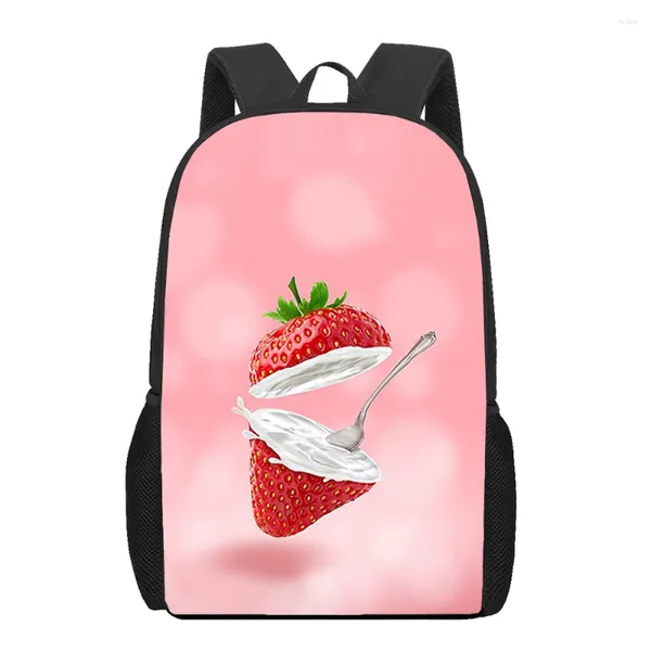 Sacs d'école Sac à dos de fruits frais de dessin animé Sac d'impression de fraise Sac à dos de randonnée pour ordinateur pour adolescentes Escapades de week-end Shopping