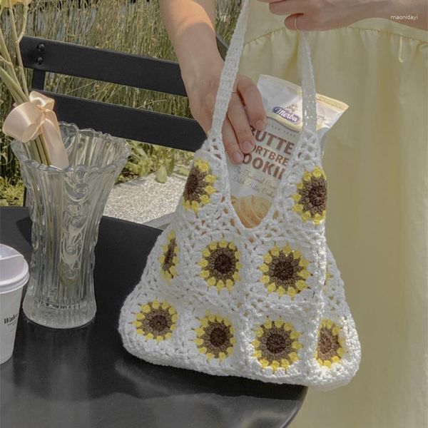 Bolsas escolares Toteo de ganchillo de girasol casual Bohemio Granny Square Mujeres tejidos Bolsos hechos a mano de la playa de verano