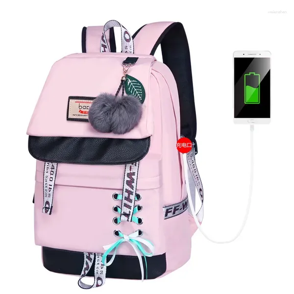 Sacs d'école Enfants pour filles mignon sac à dos rose sac à dos coréen de style coréen bowknot fur ball girl bookbag