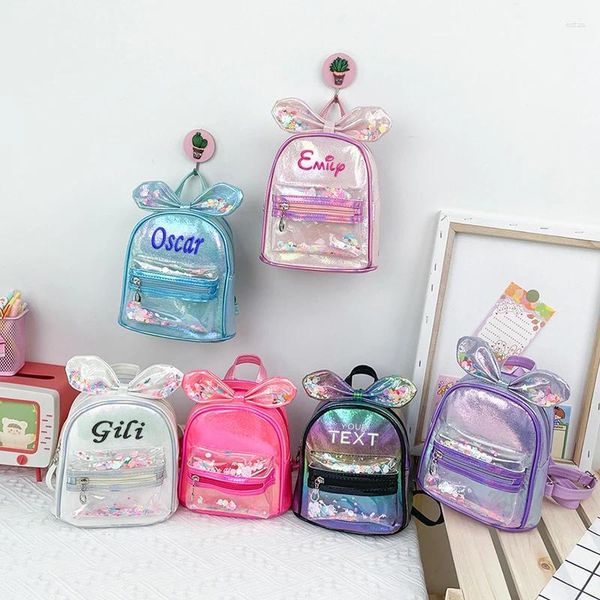 Bolsas escolares Bolsa de moda para niños Lentejuelas transparentes Linda princesa Arco Mochila Nombre personalizado Kindergarten Ligero Snack