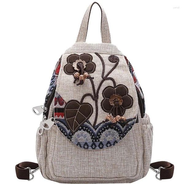 Bolsas escolares Mochila de lino chino Mochila de mujer Casual Estampado floral Arte retro Bolso de hombro Mochila