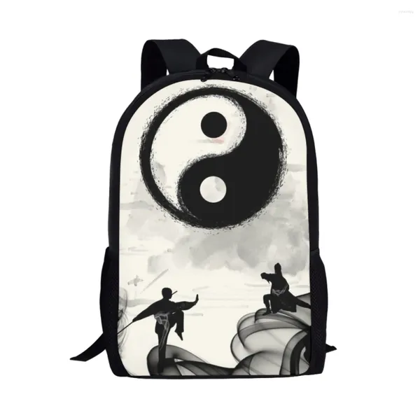 Mochilas escolares, mochilas marciales de estilo chino, bolsa de libro con patrón de pintura de tinta Yin Yang para adolescentes, niñas y niños, Retro, 16 pulgadas