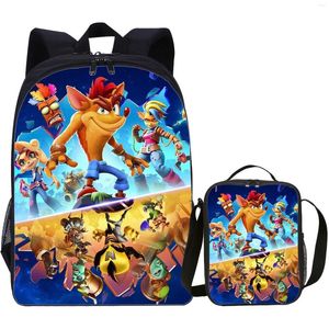 Sacs d'école Crash Bandicoot sac à dos garçons filles avec boîte à déjeuner enfants dessin animé voyage cartables et sac isotherme costume imprimé