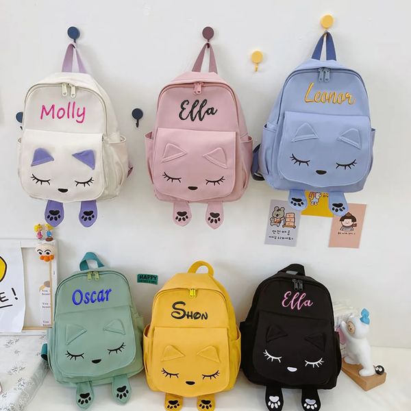 Bolsas escolares bordado personalizado lindo gato mochila niños viaje hombro nombre personalizado regalos de cumpleaños mochila escolar niñas niños 231005